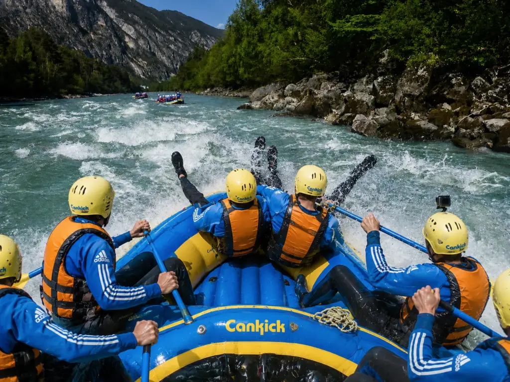 Gruppe kommt beim Rafting in leichteres Gewässer